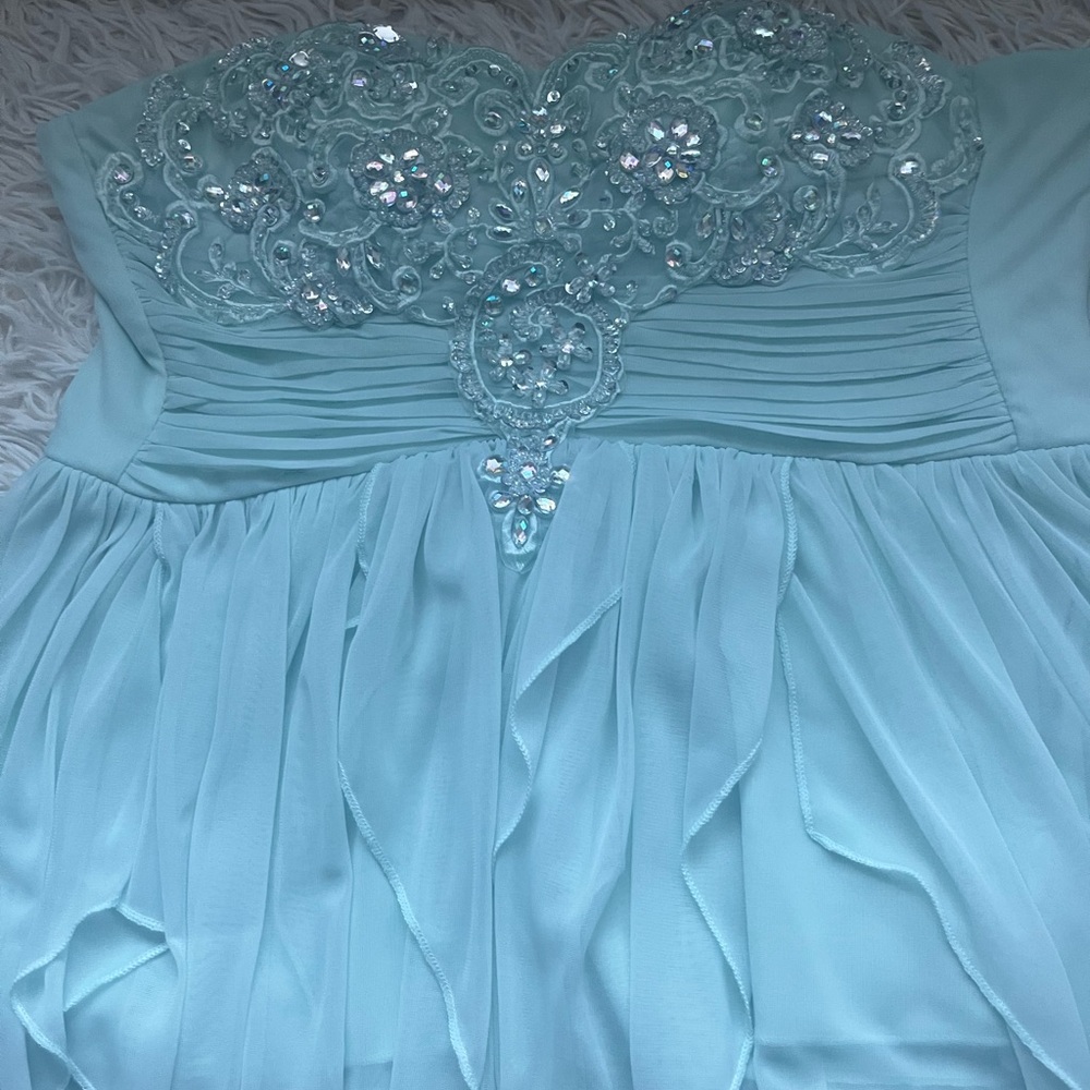 Elegant Light Blue Strapless Dress with Embellished Bodice